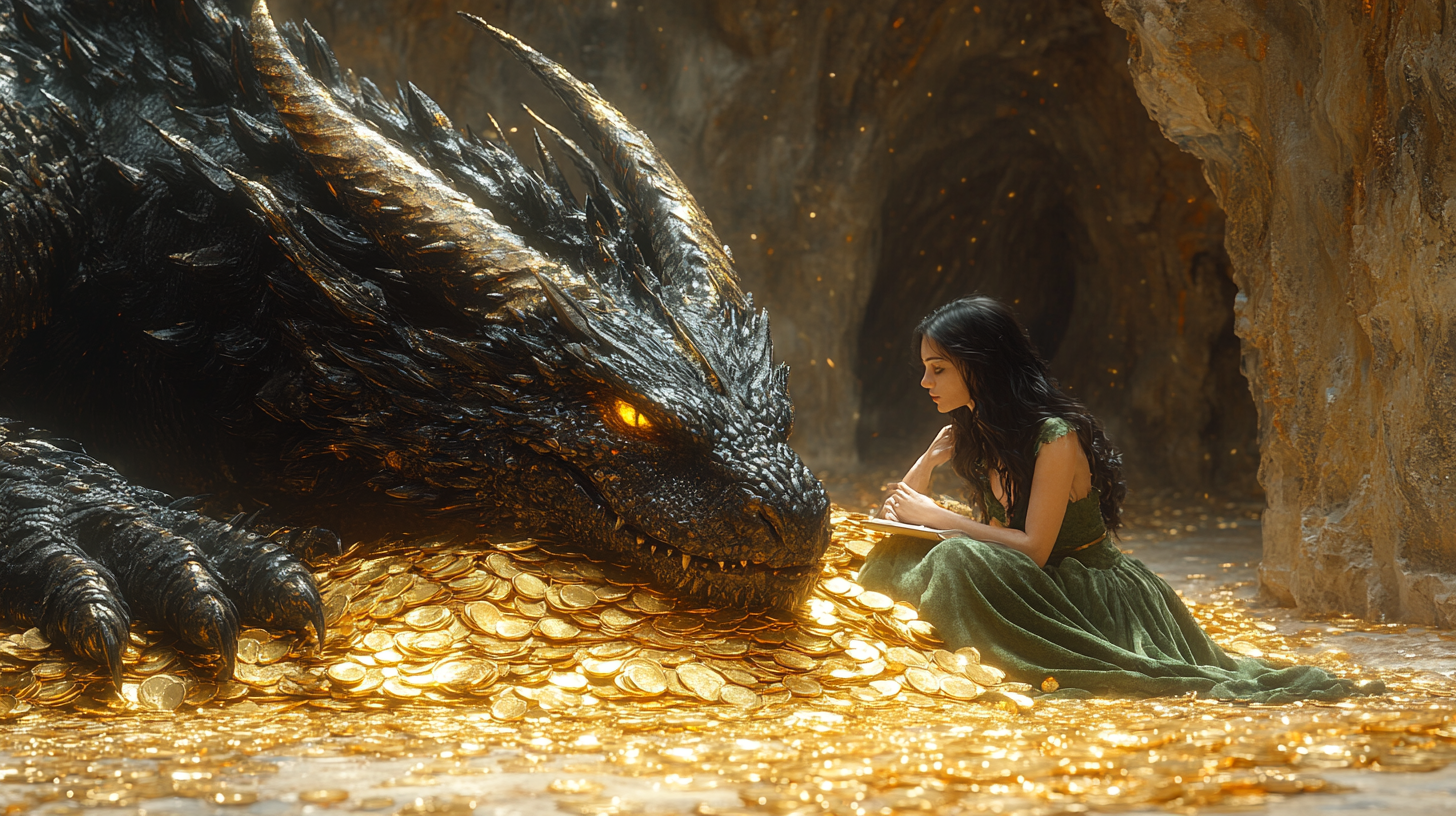 Woman sits next to sleeping dragon in golden cave.