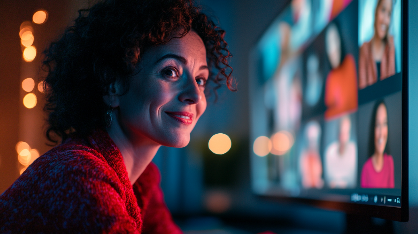 Woman smiling on virtual meeting, building community connection.