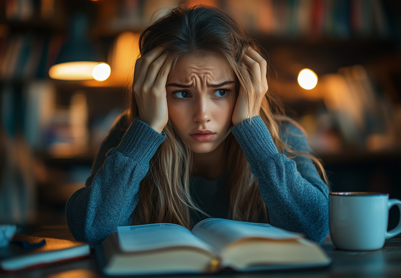 Woman studying with books and coffee; looking concerned.