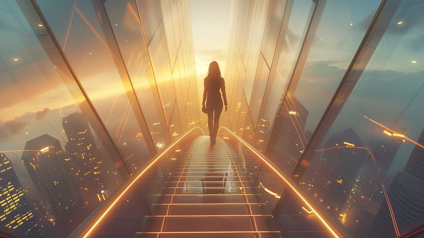 Woman triumphs, reaching top of glass office staircase. Skyline below.