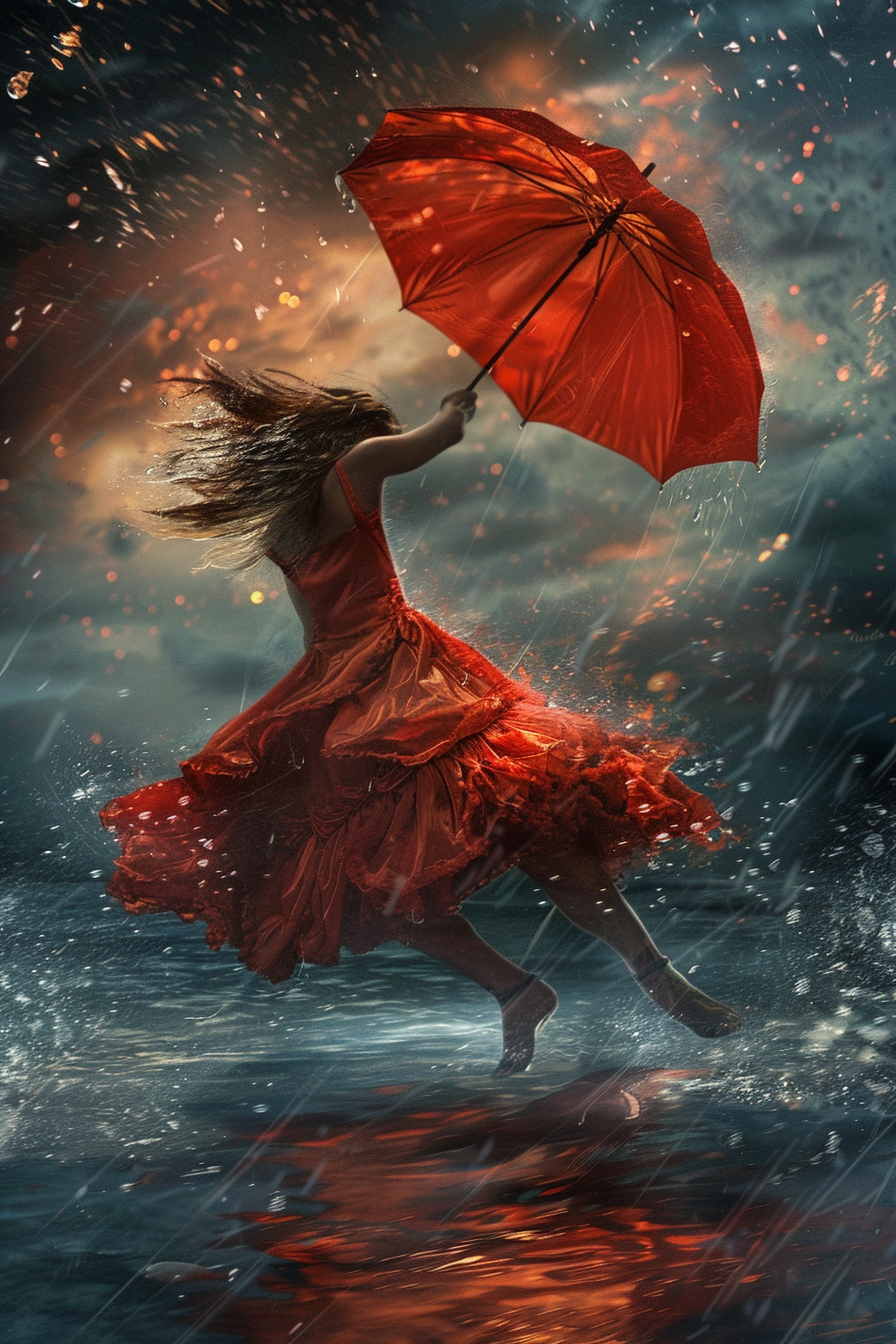 Woman twirling in rain with vibrant red umbrella.