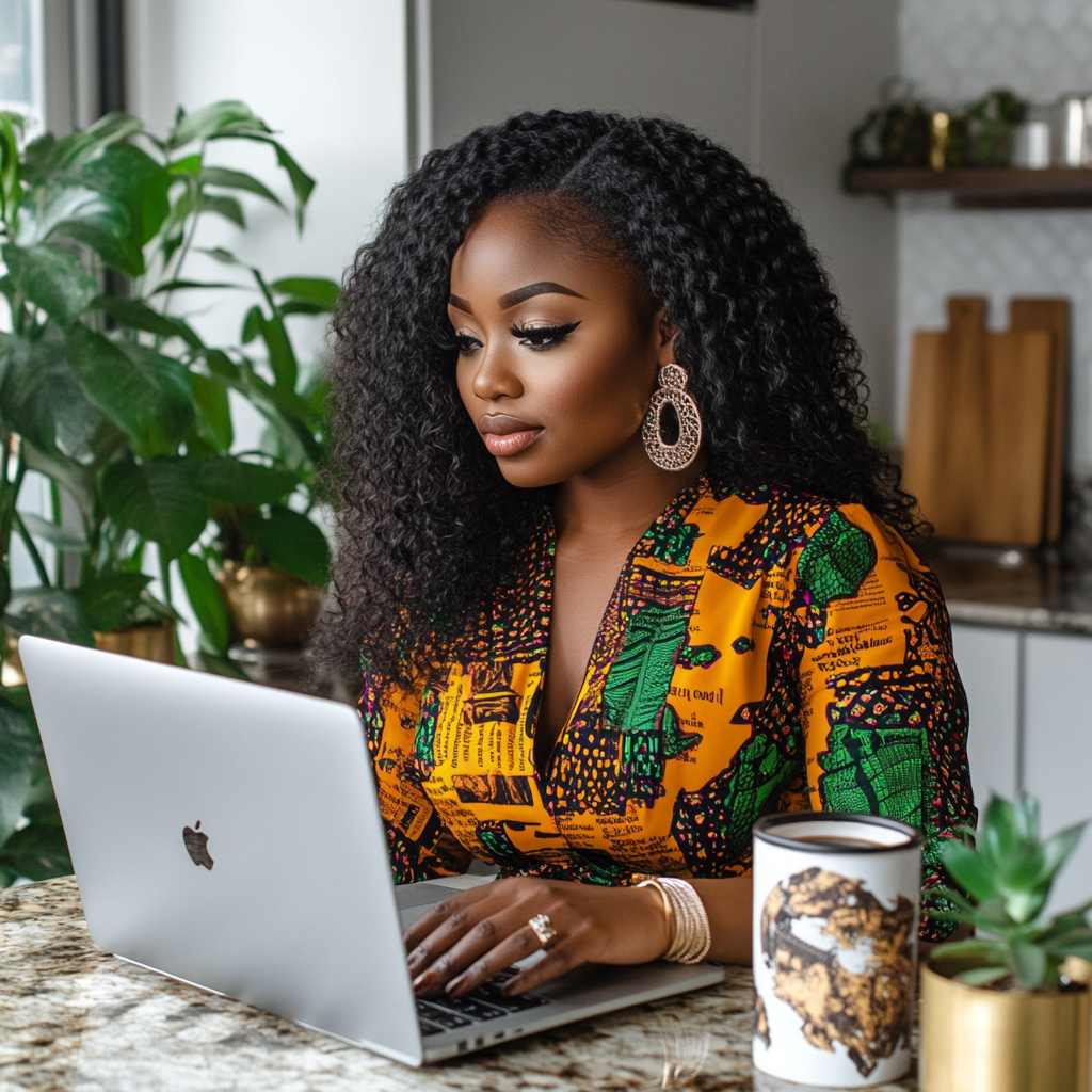 Woman typing on laptop in beautiful kitchen with plants.