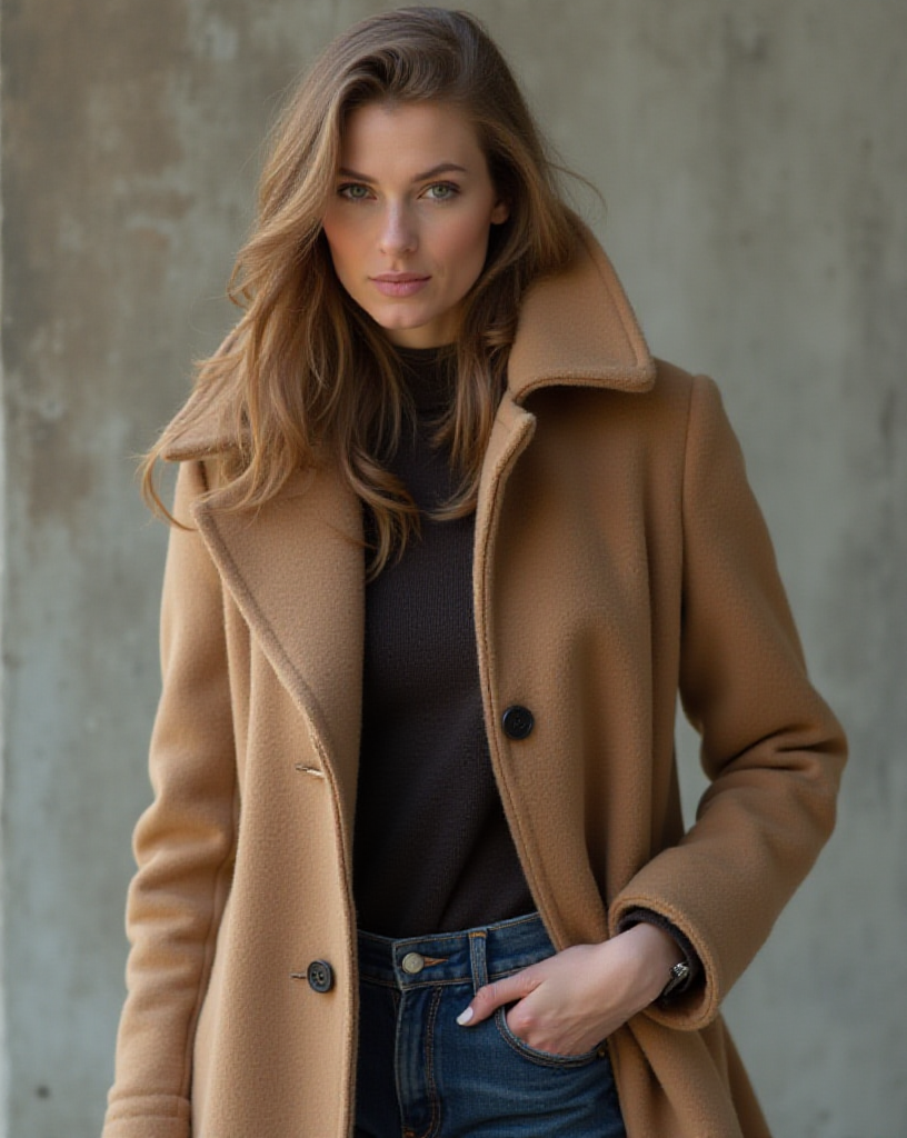 Woman wearing a stylish coat for winter fashion.