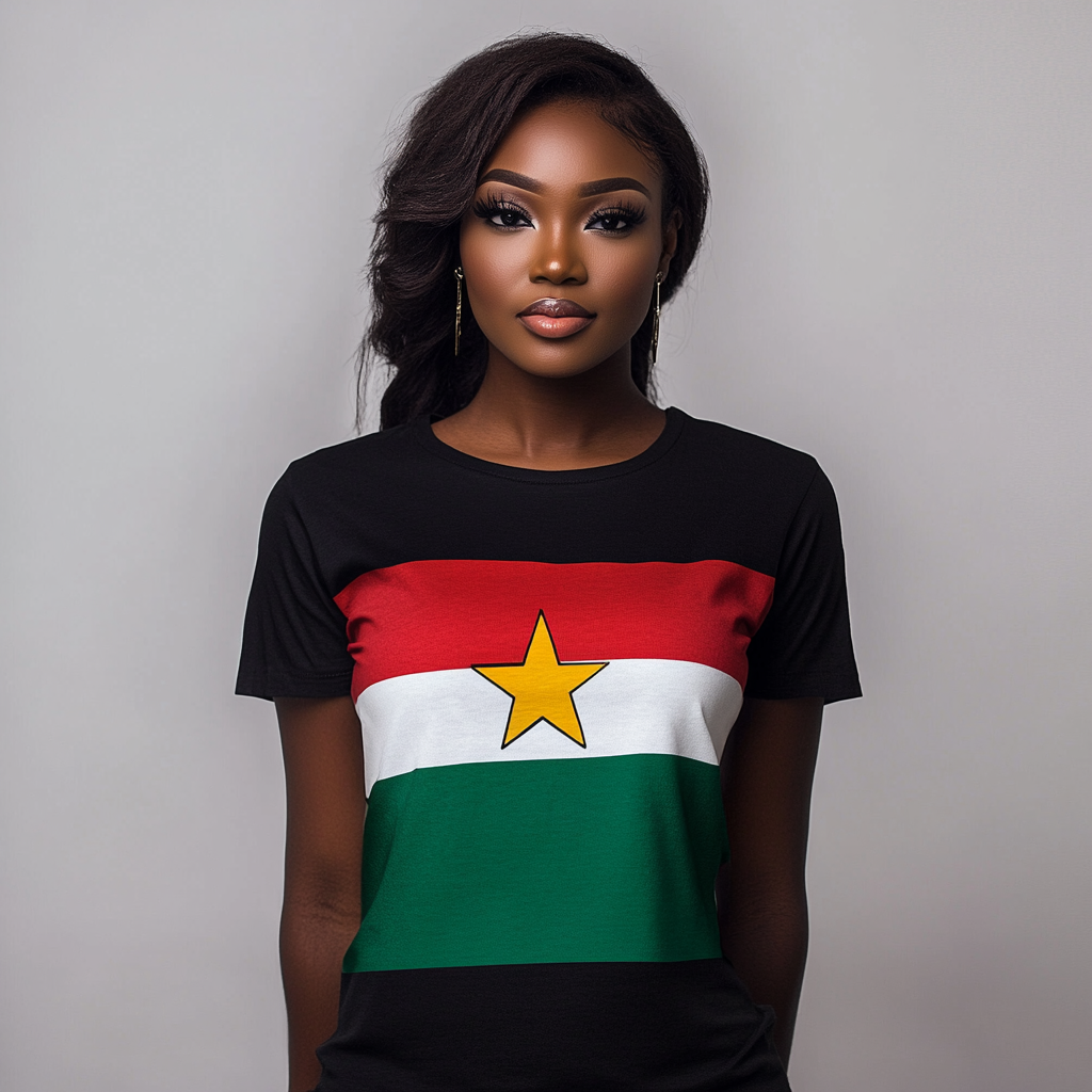 Woman wears flag design t-shirt with red, green stripes.