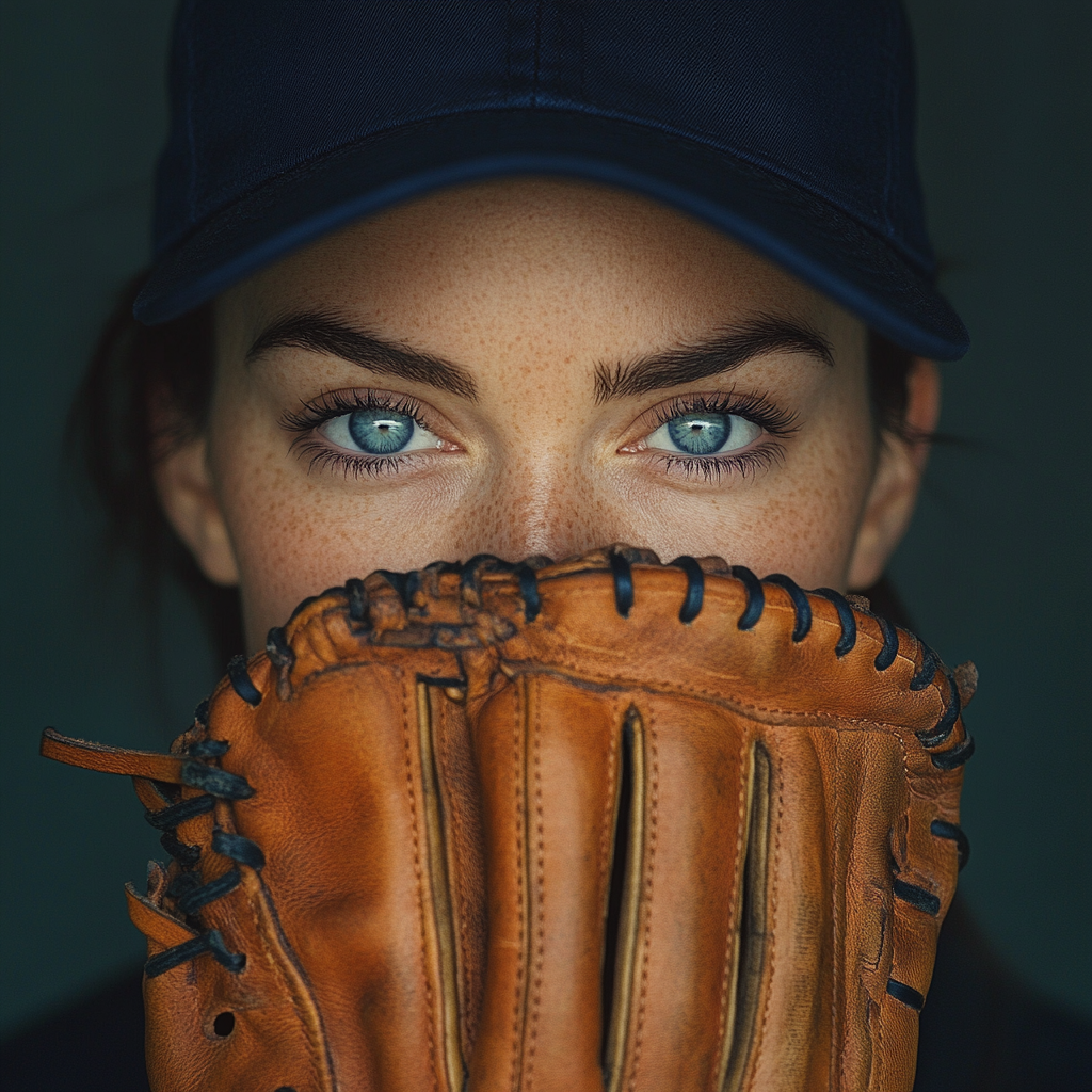 Woman with Blue Eyes Wearing Cap and Baseball Glove