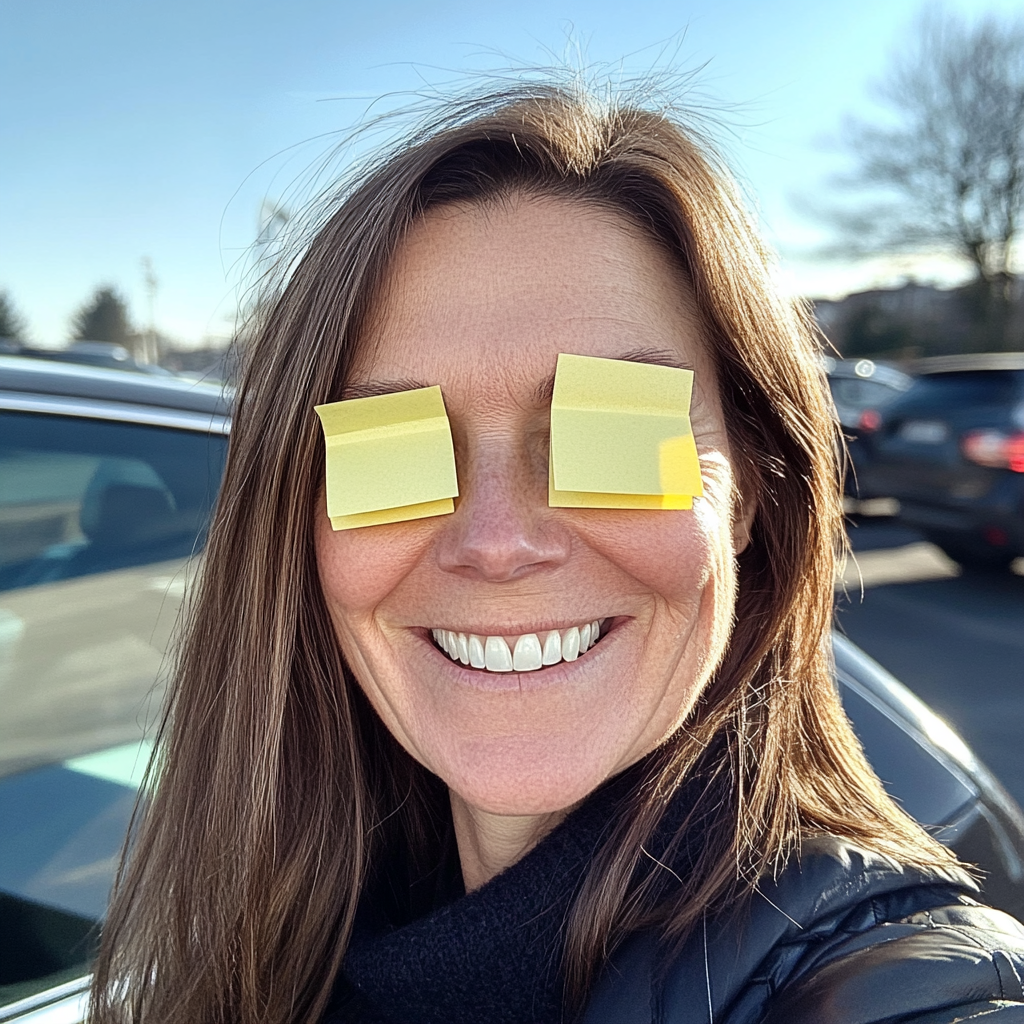 Woman with Post-It Notes Selfie in Manchester Parking Lot