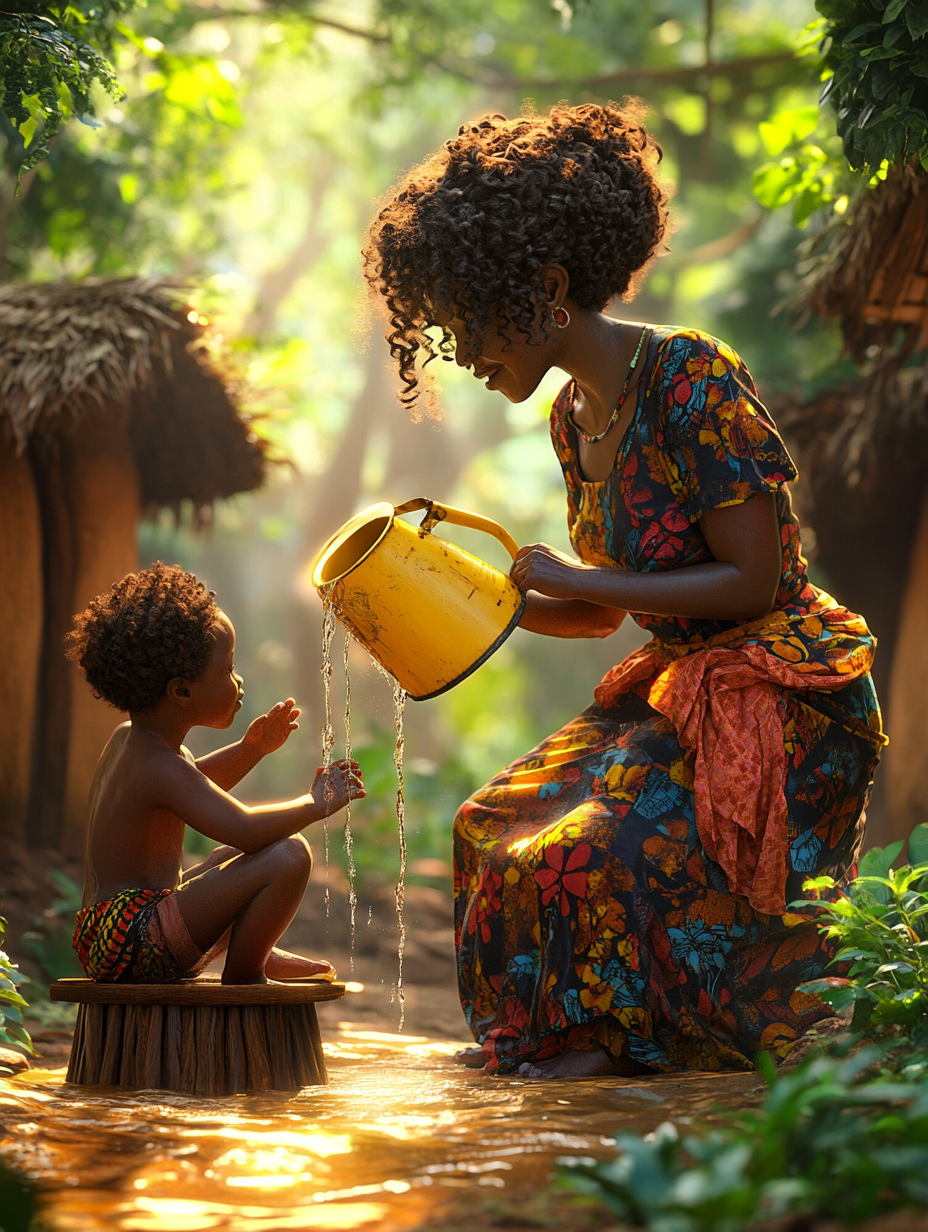 Woman with big hair pours water for children outside.