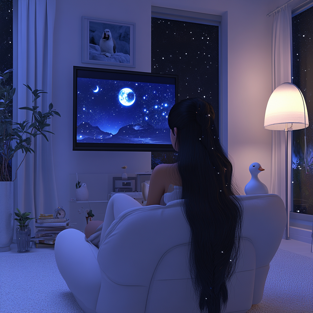 Woman with black hair and white duck watching TV.