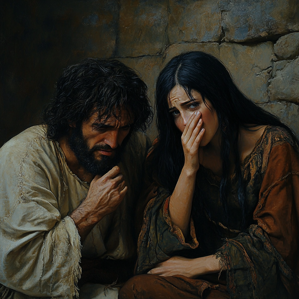 Woman with black hair begs Jesus, he ignores her.