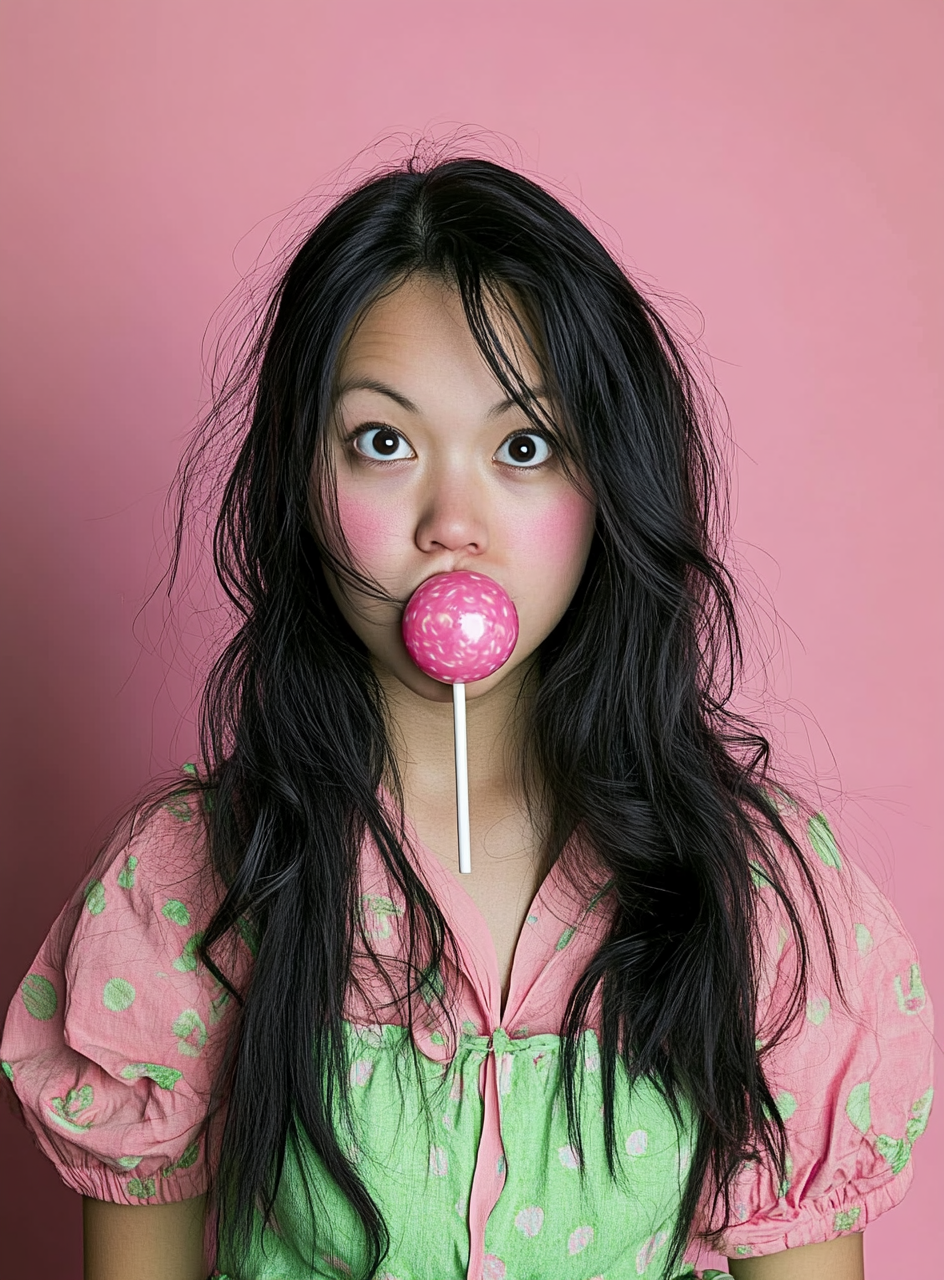 Woman with black hair eating lollipop in y2k style