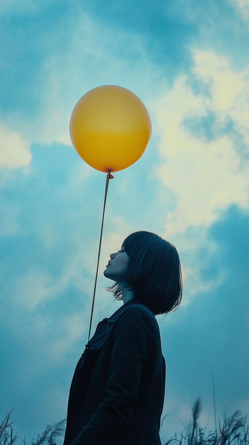 Woman with black hair holding yellow balloon in clouds.