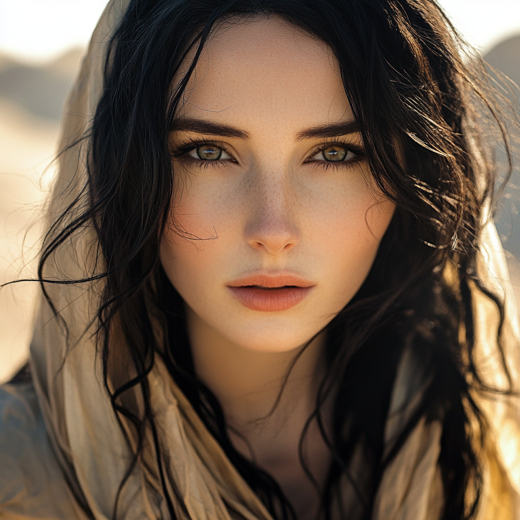 Woman with black hair in desert looks like Galadriel.