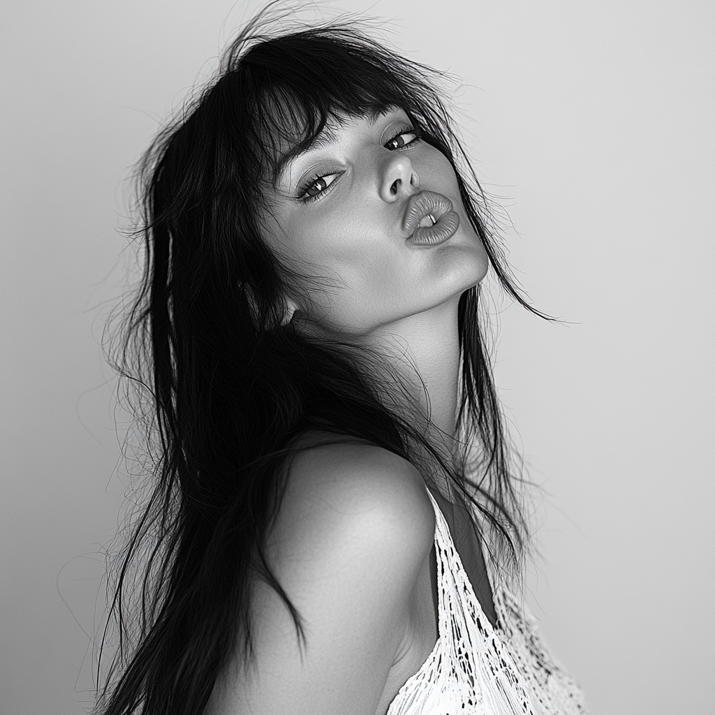 Woman with black wolf mullet, blowing kiss, white dress.