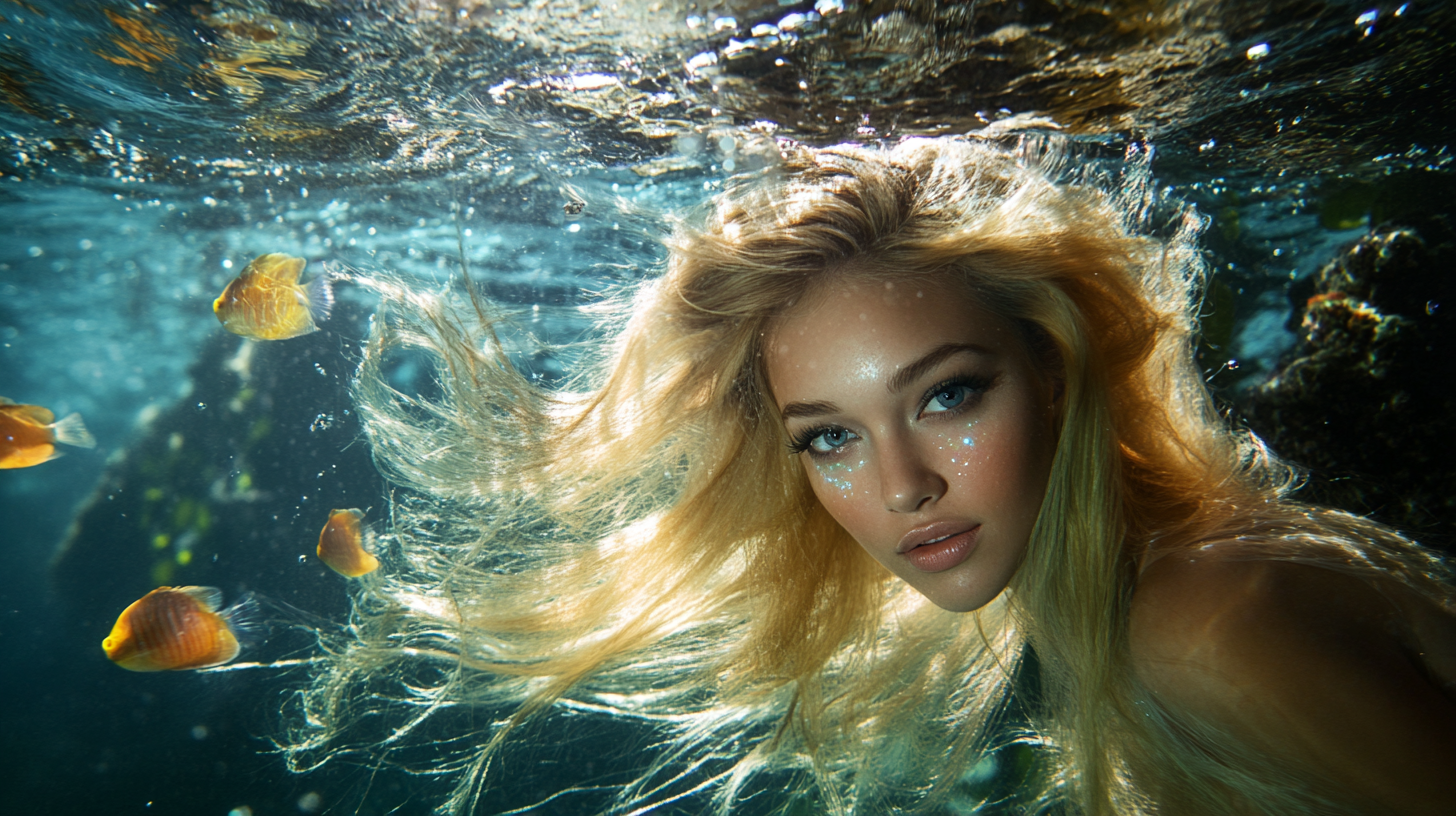 Woman with blonde hair and glowing skin underwater portrait.