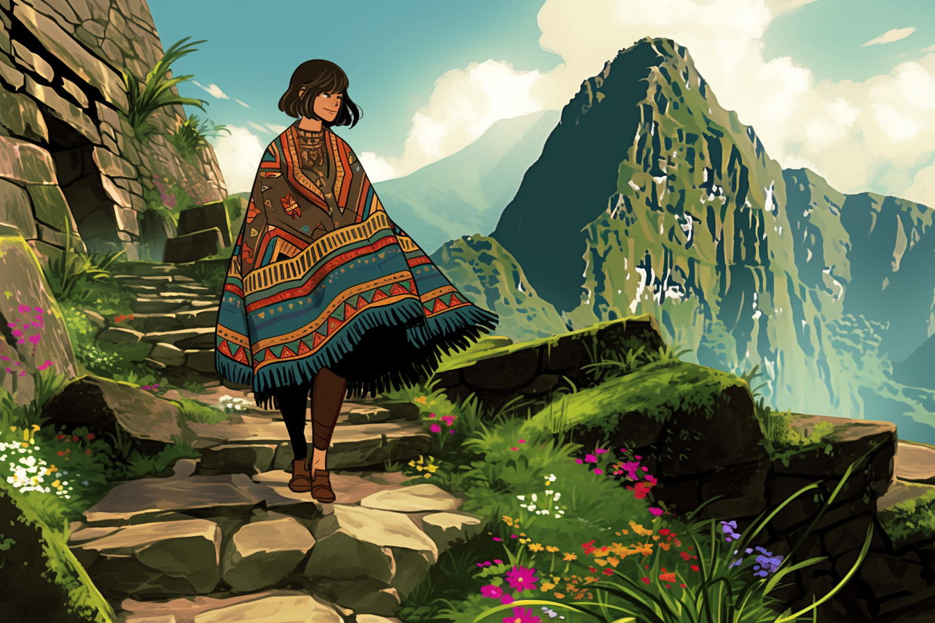 Woman with bob haircut in colorful poncho climbing mountain.