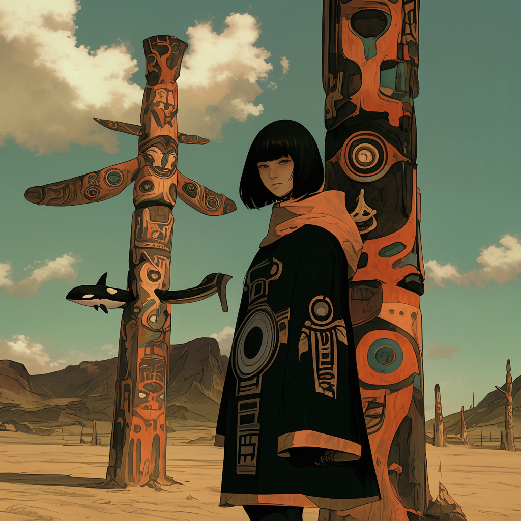 Woman with bob haircut stands next to totem poles.