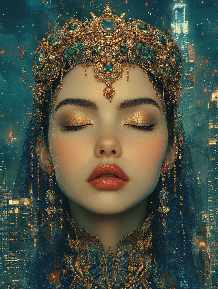 Woman with closed eyes & elaborate headpiece against cityscape.