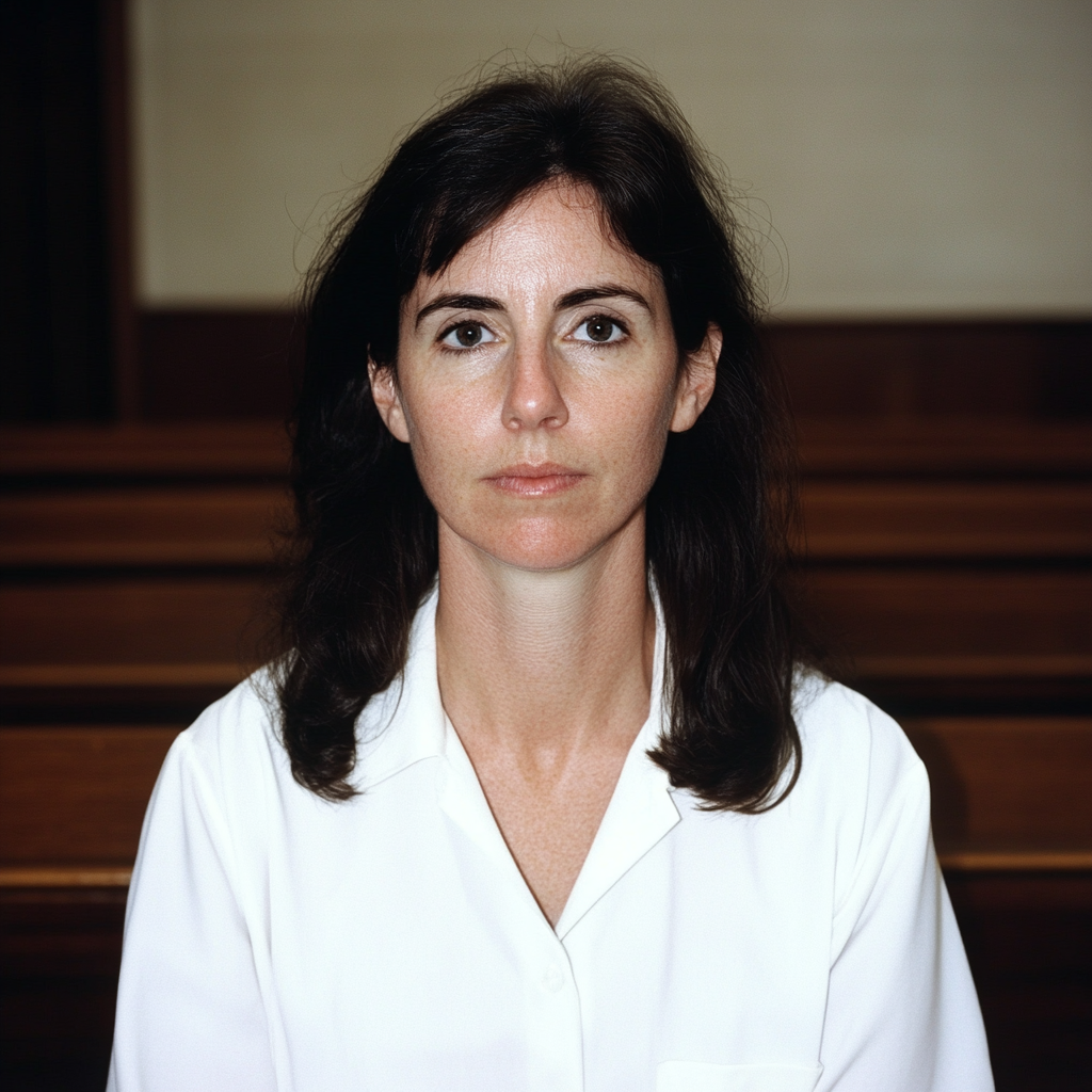 Woman with dark hair, white shirt in court.