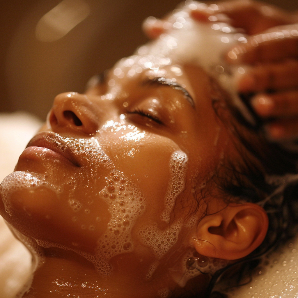 Woman with dark skin getting hair washed at salon, relaxed.