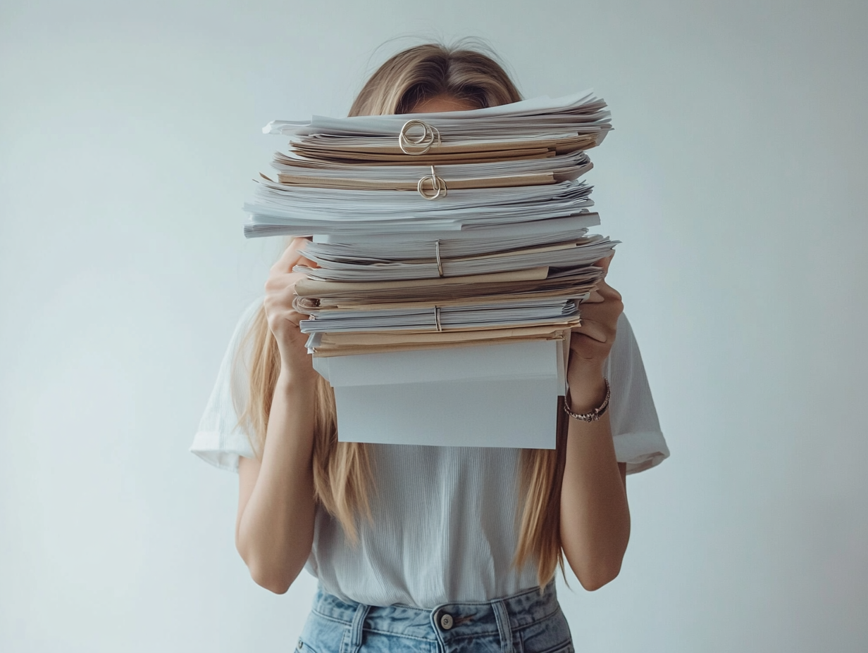 Woman with documents and file rings in hand.