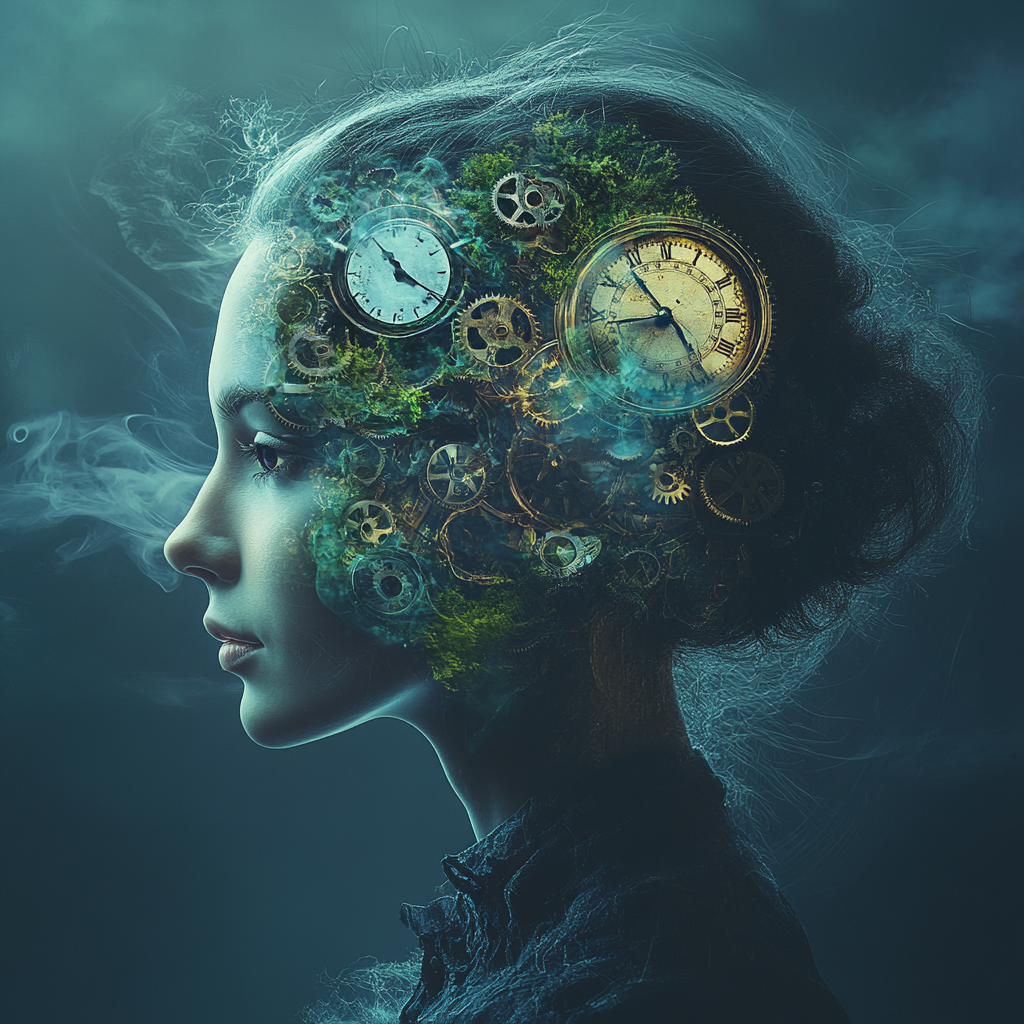 Woman with gears and clock in her brain, glowing.