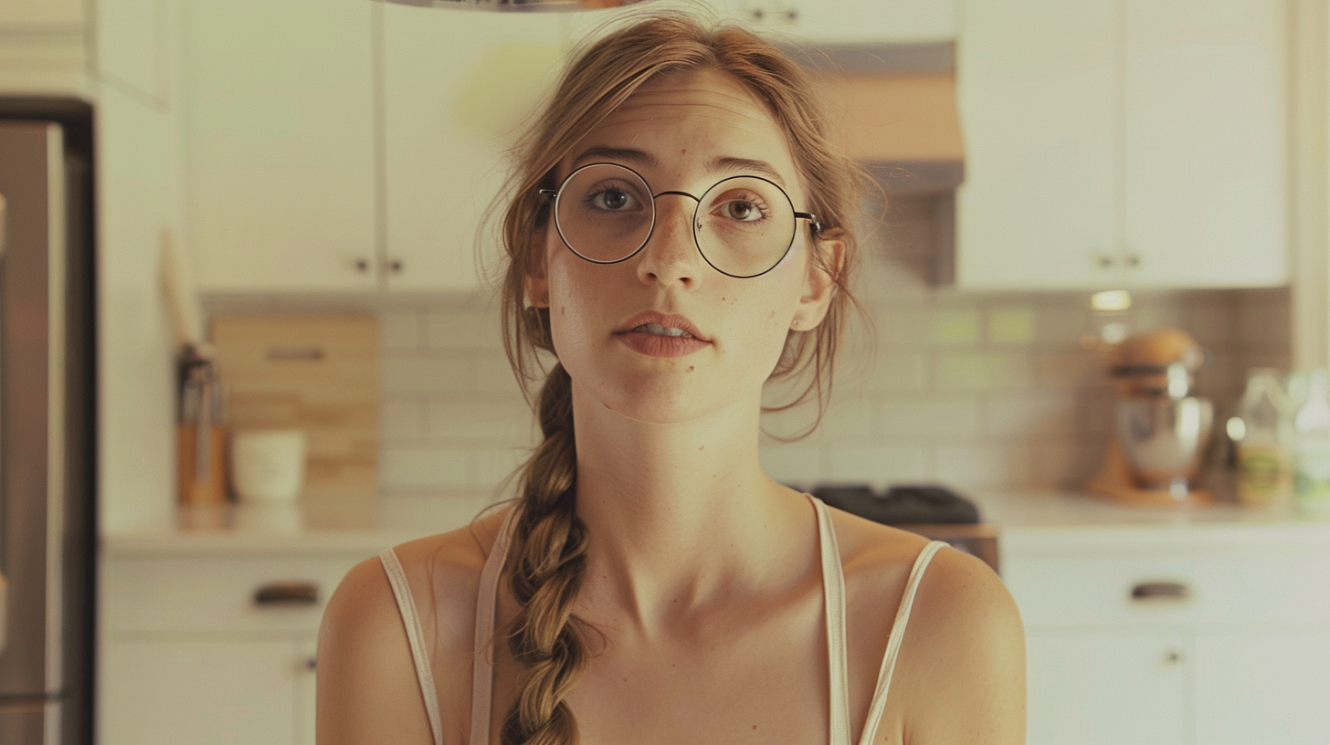 Woman with glasses and braid in modern kitchen.