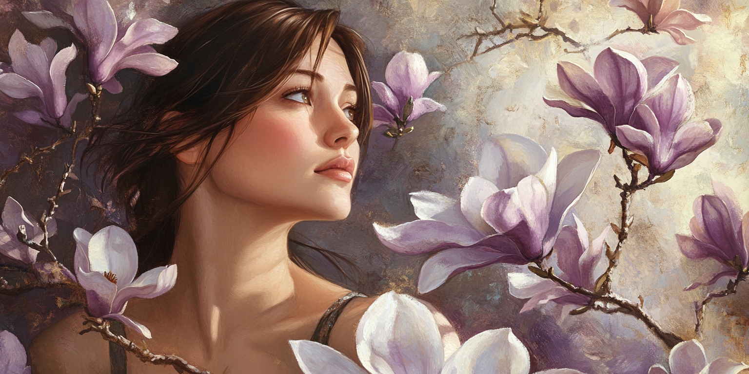 Woman with hope surrounded by magnolia flowers in shadows.