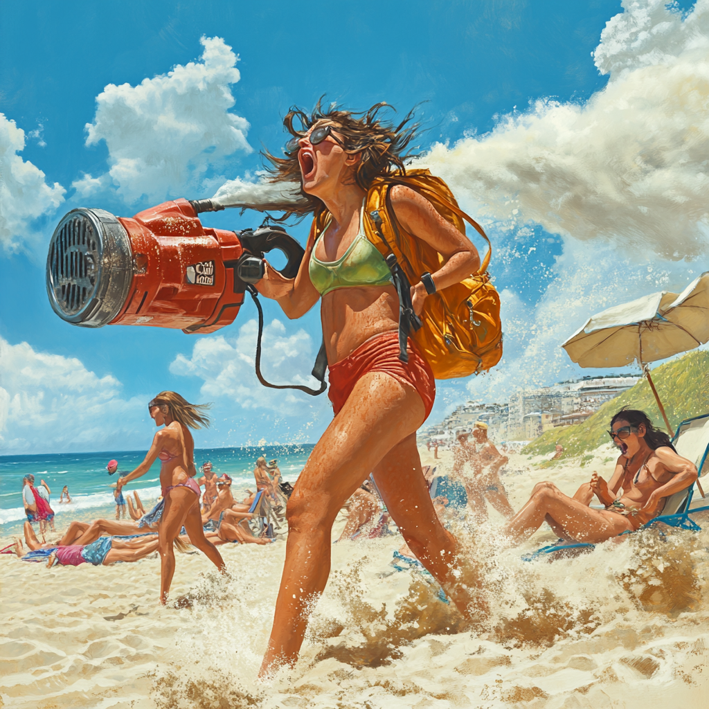 Woman with leafblower blows sand at beachgoers, causing chaos.