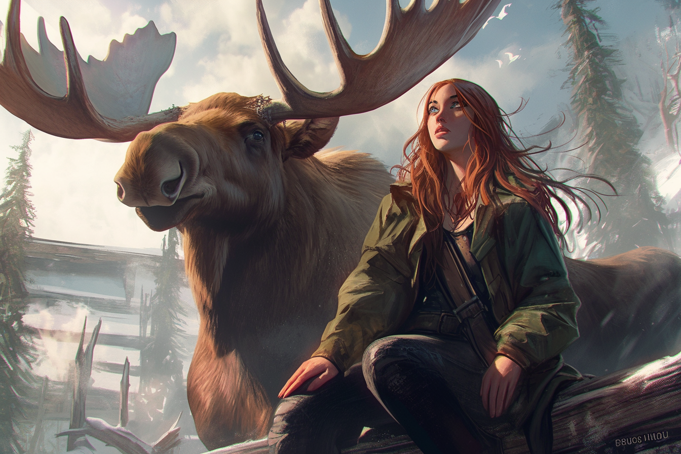 Woman with long auburn hair on monstrous moose in stormy town.