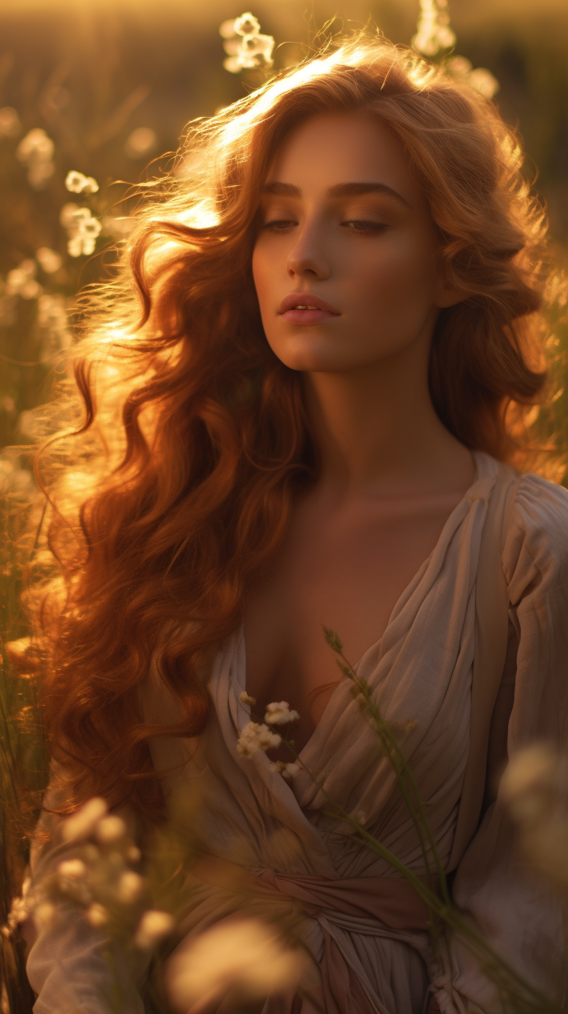 Woman with olive skin in meadow at golden hour.