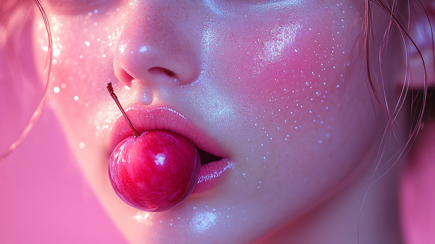 Woman with plum in mouth, lips closeup, pastelcore style.