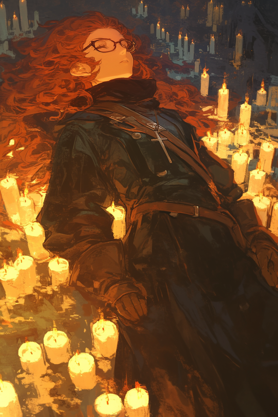 Woman with red hair and glasses surrounded by burning candles.