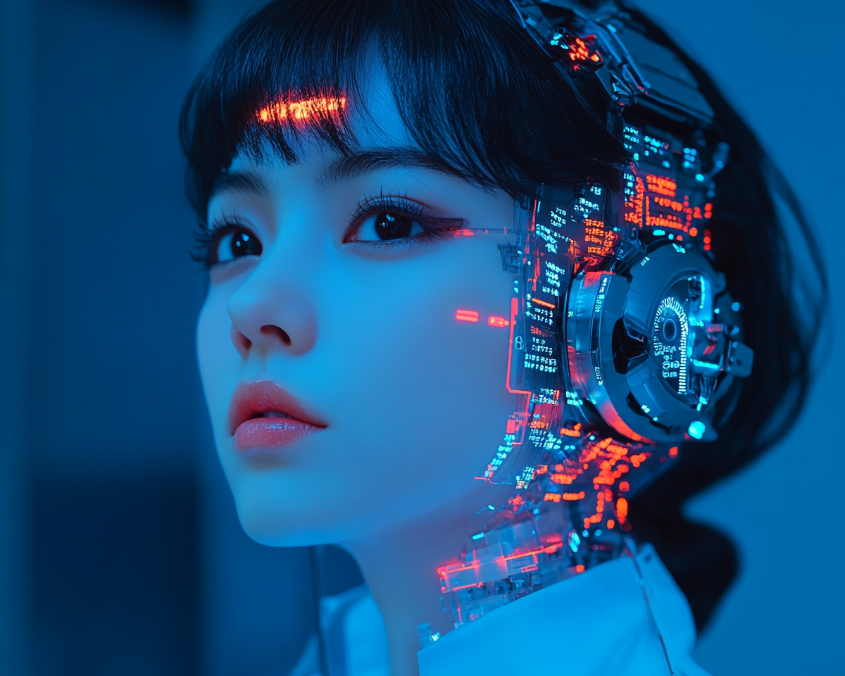 Woman with short hair wearing tech accessories, white shirt.