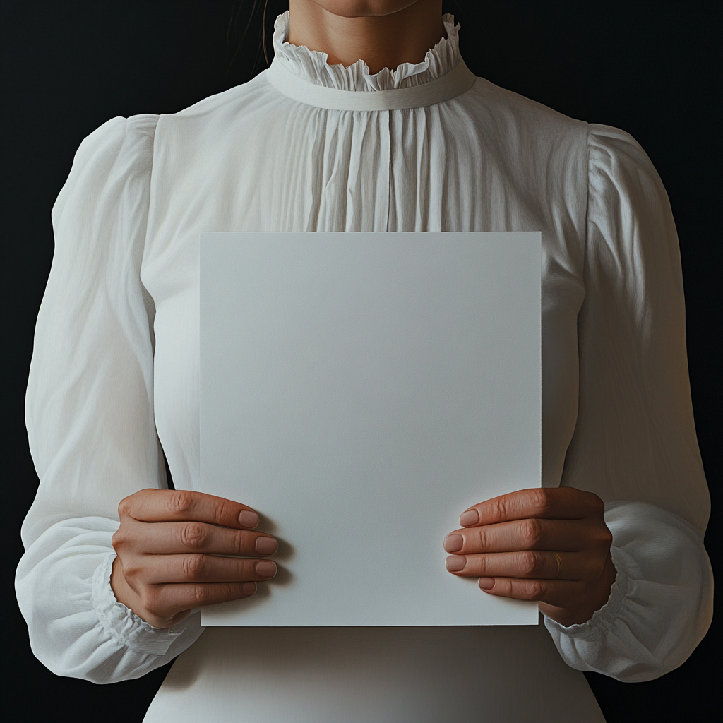 Woman with white dress and paper in hands.