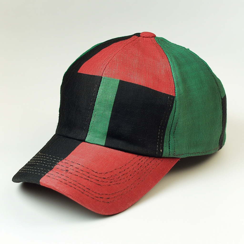 Women's cap with flag design, red triangle, green, black.