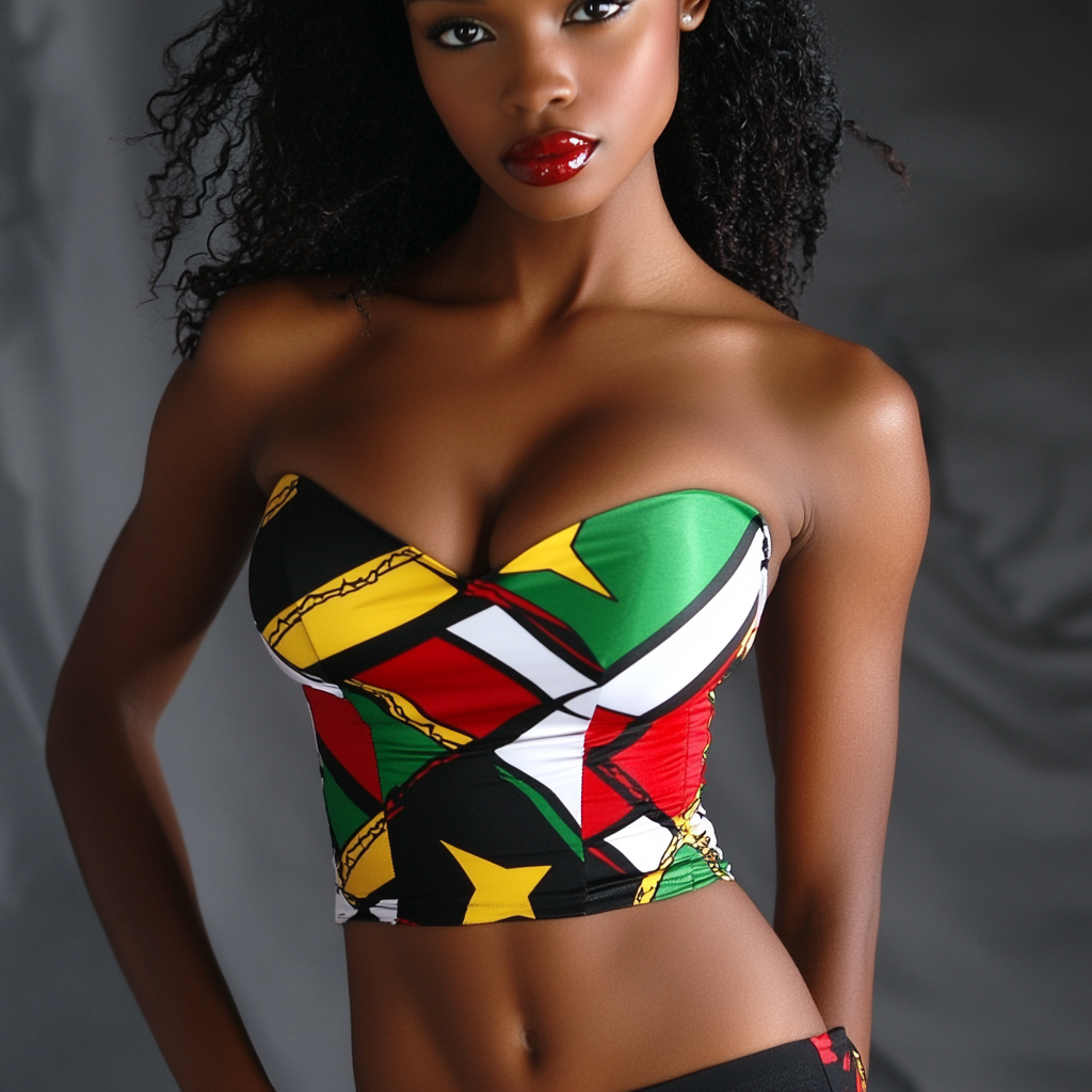 Women's strapless bustier top covered in flag colors on black model.