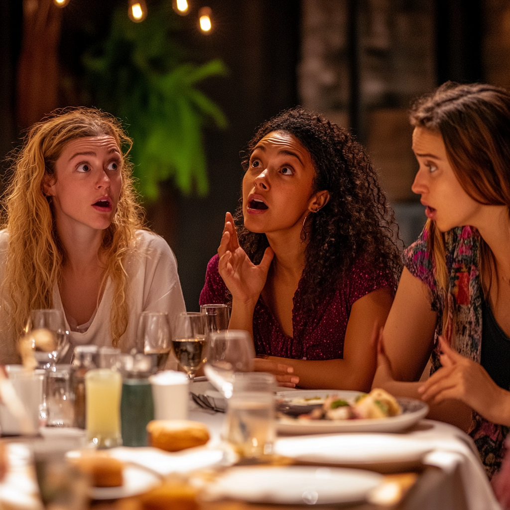 Women at dinner with shocked, offended expressions