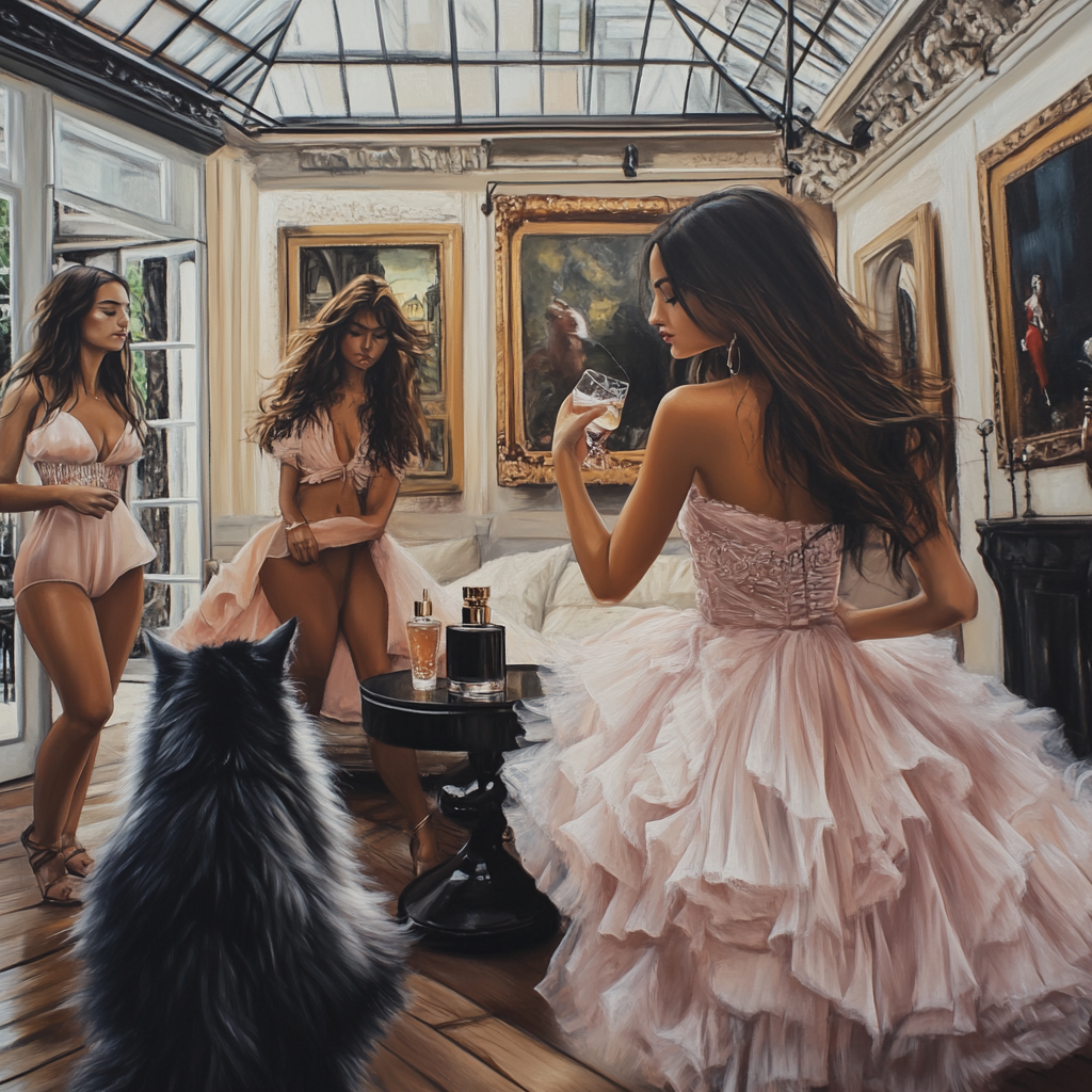 Women dancing in loft with glass roof and paintings.