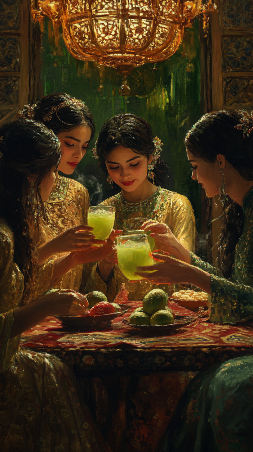 Women drinking soursop juice in ancient Persian setting.