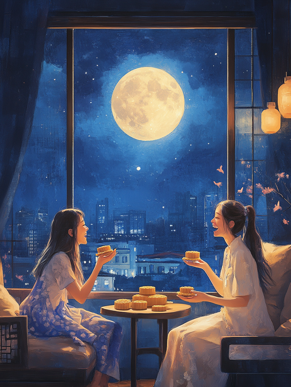 Women enjoying Mid-Autumn Festival in modern room