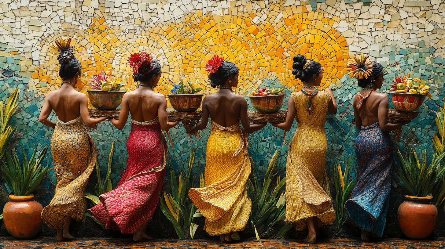 Women from North Brazil with intricate straw vases.