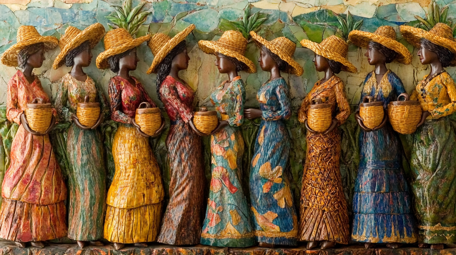 Women from Northern Brazil hold detailed straw pottery.