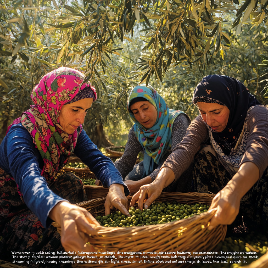 Women happily picking olives in traditional clothes.