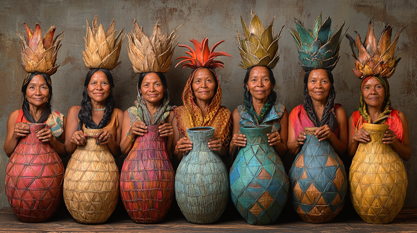 Women holding intricate pots in Brazilian city scene.