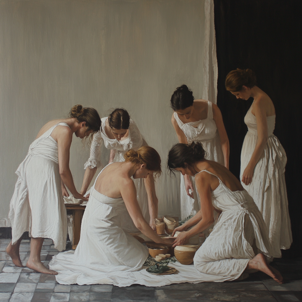 Women in white linen mimic still life objects.