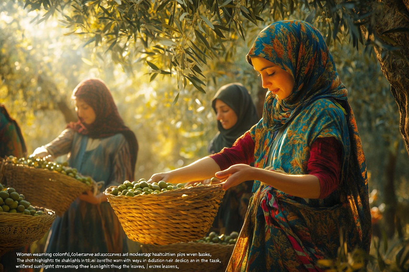 Women joyfully picking olives in traditional attire.