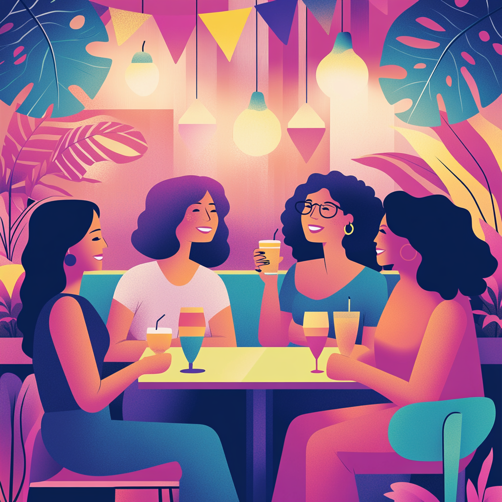 Women laughing & connecting, soft lighting, LGBT flags, elegant drinks.