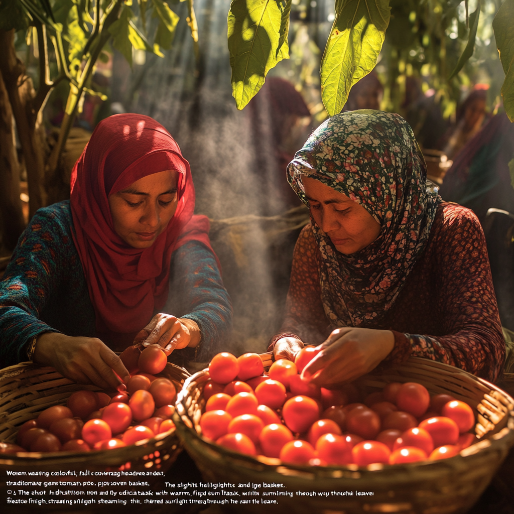 Women picking tomatoes, wearing headscarves and traditional attire