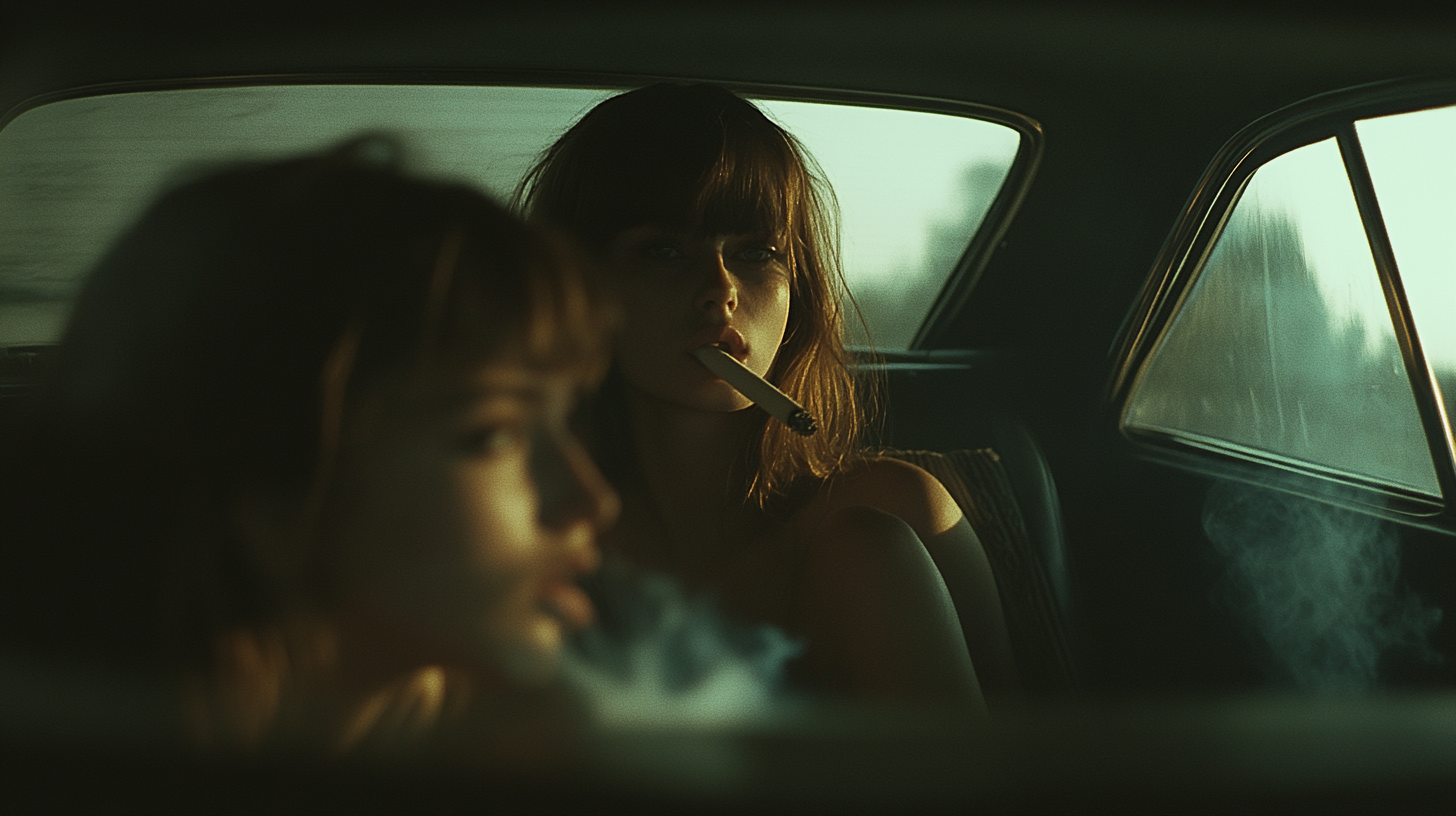 Women smoking in old Trabant car, East Berlin