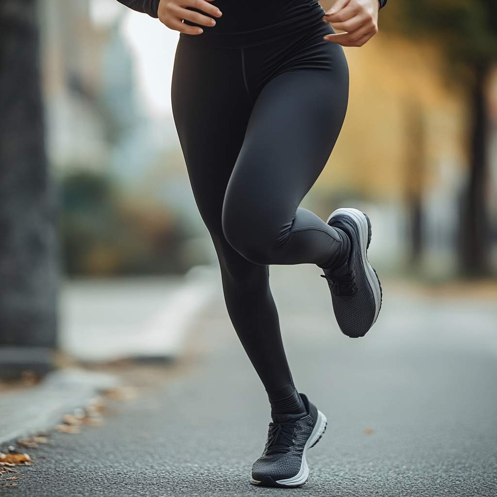 Women wearing black leggings running, high resolution photo.